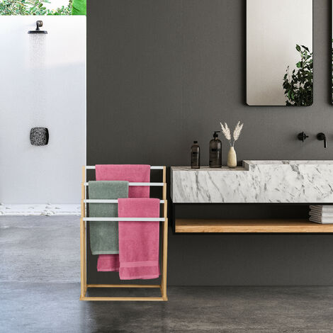 Relaxdays Piantana Portasciugamani in Bambù da Bagno, 4 Bracci Appendi Asciugamani, HLP: 82x55x31 cm, Bianco Naturale