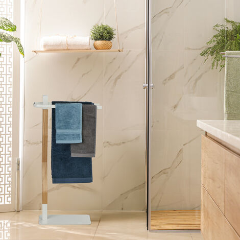 Relaxdays Portasciugamani a 2 Bracci, Piantana Autoportante da Bagno e Cucina, Porta Asciugamani HLP 78x40x20 cm, Bianco