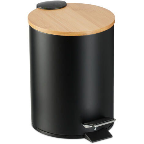 Relaxdays Pattumiera Bagno a Pedale 3 L, Cestino Cosmetici con Cesto Interno Rimovibile, Bidone in Ferro e Bambù, Nero