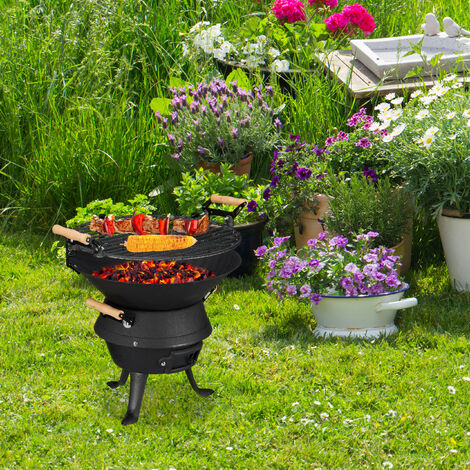 Relaxdays Grill a Sfera in Ghisa, Barbecue Regolabile in Altezza, Ventilato, a Carbonella in Legno, HLP 40x45x36cm, Nero