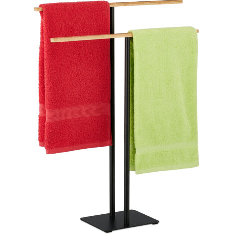 Relaxdays Portasciugamani a 2 Bracci in Bambù, Piantana Autoportante da Bagno e Cucina, HLP: 76x60x18 cm, Nero e Marrone