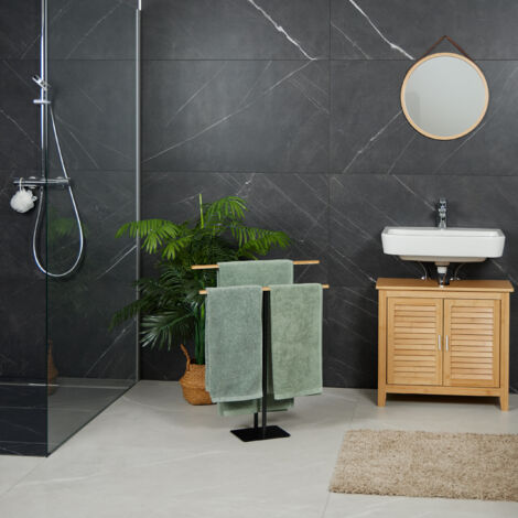 Relaxdays Portasciugamani a 2 Bracci in Bambù, Piantana Autoportante da Bagno e Cucina, HLP: 76x60x18 cm, Nero e Marrone