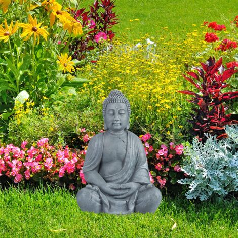 Statua Buddha Seduto Relaxdays 40 Cm - Feng Shui, Resina, Per Interni Ed Esterni, Grigio Chiaro - Foto 6