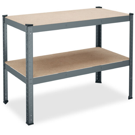 Relaxdays Banco da Lavoro Officina, HxLxP: 90x120x60 cm, 150 kg, Tavolo con 2 Ripiani Regolabili, Acciaio e MDF, Grigio
