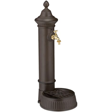 Relaxdays Fontana da Giardino in Stile Antico, Fontanella a Colonna con Rubinetto e Vaschetta, HLP: 72x26x31 cm, Marrone, Acciaio Inox