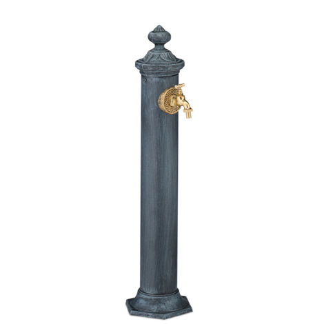 Relaxdays Fontana da Giardino in Stile Antico, Fontanella a Colonna con Rubinetto Acqua, HLP: 84x21,5x25 cm, Grigio, Acciaio