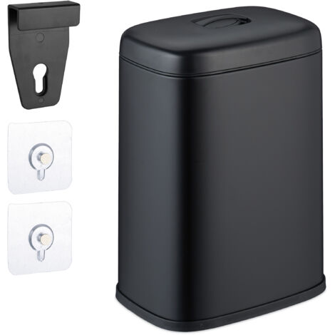 Relaxdays Cestino da Bagno, con Adesivo da Muro o Gancio per Anta, Pattumiera 5 L, Secchio Interno, in Ferro, Nero