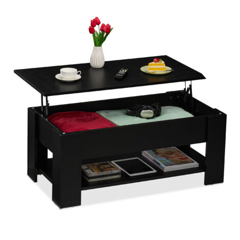 Relaxdays Tavolino da Salotto Contenitore, HxLxP: 42 x 98 x 50 cm, Tavolo da Caffè Basso con Piano Sollevabile, Nero