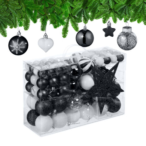 Relaxdays Palline di Natale, Set 101 Addobbi Natalizi in Plastica, Decorazioni per Albero in Vari Design, Puntale, Nero (1/5)