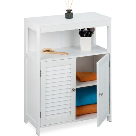 Relaxdays Mobile da Bagno, Armadietto Legno MDF, HLP: 80x60x29 cm, Mobiletto da Terra, 2 Ante e Scaffale Aperto, Bianco, Fibra