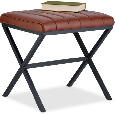 Relaxdays Sgabello Pouf, Poggiapiedi Imbottito, Finta Pelle e Metallo, Stile Industriale, HLP: 46x47x42 cm, Nero Marrone (1/5)