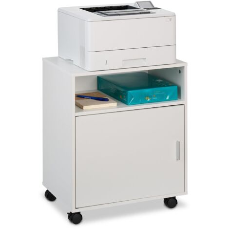 Relaxdays Carrello Porta Stampante, con 3 Scomparti e Anta, Mobiletto con Ruote per Ufficio, HxLxP: 57x48x34 cm, Bianco