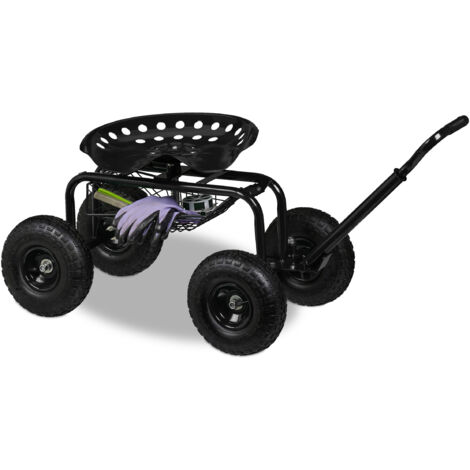 Relaxdays Sgabello Giardinaggio con Ruote, Carrello Portautensili Giardino, Altezza Regolabile, 150 kg, Acciaio, Nero