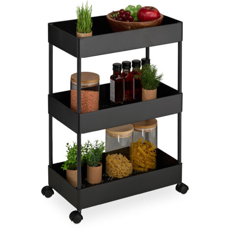 Relaxdays Carrello da Cucina con Ruote, 3 Ripiani, Carrellino Portaoggetti Bagno, Porta Detersivi, 65x39,5x21,5 cm, Nero (1/5)