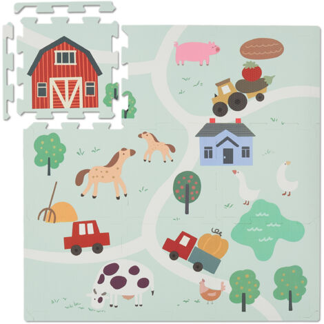 Relaxdays Tappeto Gioco Bambini, 21 Tasselli Puzzle a Tema Fattoria, Tappetino per Gattonare, Tappetone Gomma, Colorato