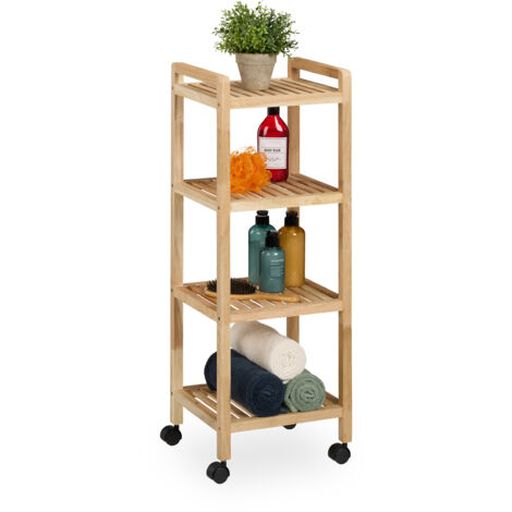 Relaxdays Mobile da Bagno con 4 Ripiani, Mobiletto su Ruote, Scaffale in Legno da Cucina, 97x35x31 cm, Marrone Chiaro