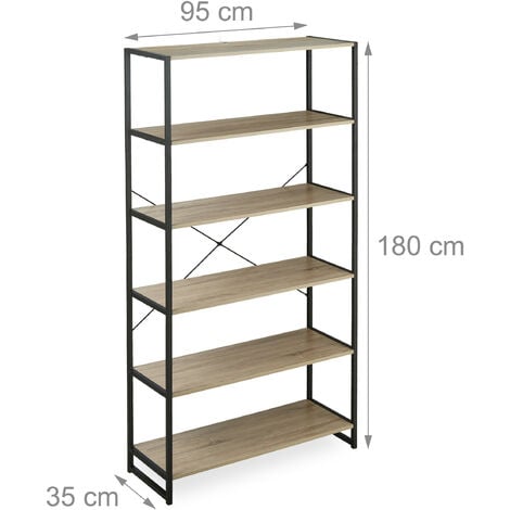 Relaxdays Scaffale in Legno Stile Industrial, Libreria con 6 Ripiani HLP: 180  x 95 x 35