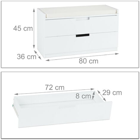 Relaxdays Mobiletto, Panca con 2 Cassetti, Stile Retrò, Imbottitura per Sedersi, HLP: 45 x 80 x 36 cm, Bianco