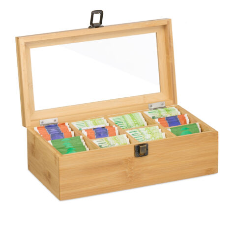 Relaxdays Scatola Porta Tè E Tisane, 80 Bustine, Organizer Per Vari Aromi H X L X P 9 X 285 X 16 Cm Legno Naturale 49825479
