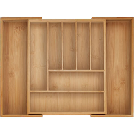 Relaxdays Portaposate Regolabile In Bambù – Organizer Per Cassetto Estendibile Da 33,5 A 49,5 Cm, 9 Scomparti, Legno Naturale