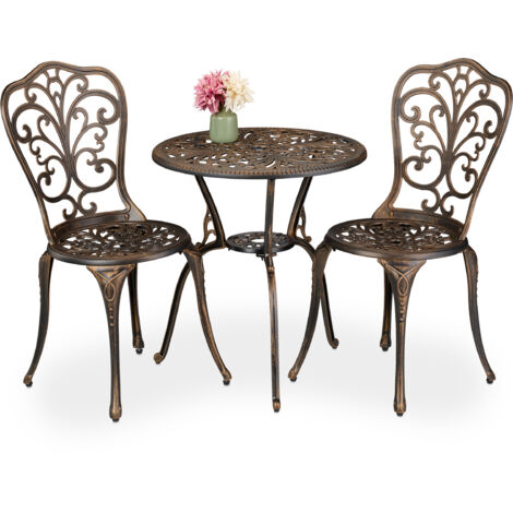Relaxdays Set da Bistrot da 3, Tavolino da Giardino, 2 Sedie da Balcone, in Alluminio Stile Ferro Battuto, Nero Bronzo (1/5)