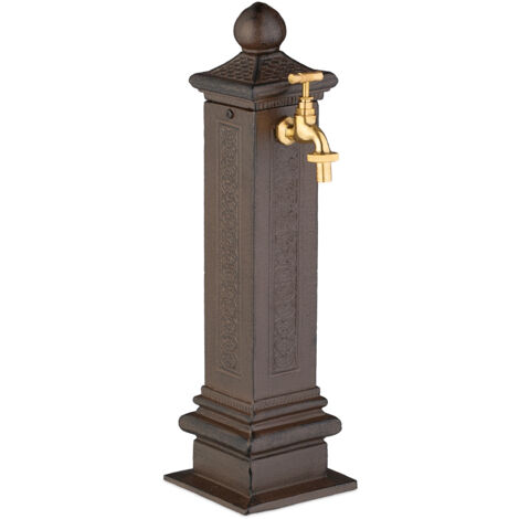 Relaxdays Fontana da Giardino in Stile Antico, Fontanella a Colonna con Rubinetto Acqua, HLP: 47x14x18,5 cm, Marrone, Alluminio, Acciaio