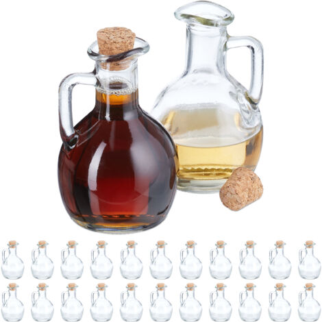 Relaxdays Oliera con Tappo in Sughero, Set da 24 Ampolle da 150 ml in Vetro, Porta Olio d'Oliva e Aceto, Salvagoccia