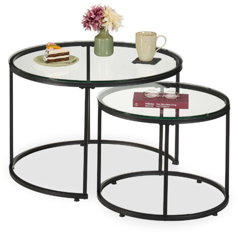 Relaxdays Tavolini da Salotto, Set da 2 Tavoli Bassi da Caffè Divano in Soggiorno, Metallo e Vetro, Design Minimal, Nero