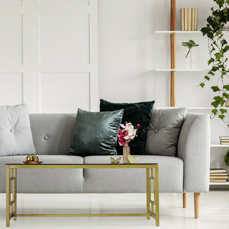 Tavolino Da Divano Moderno Nero Con Ripiano In Vetro E MDF - 42x90x50 Cm Per Salotto