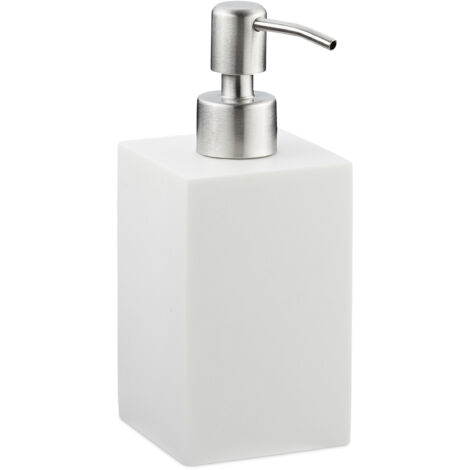 2 dispenser sapone 300 ml, ricaricabili, bagno, cucina, dispenser quadrato, poliresina, pompa inox, bianco (1/5)