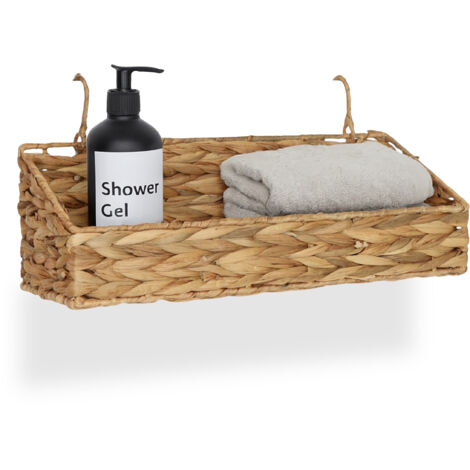 HMF Cesto portaoggetti intrecciato in giacinto d'acqua, Cesto decorativo con manici in legno per riporre oggetti in bagno, soggiorno, cucina | set da 2 | 30 + 37 cm | naturale
