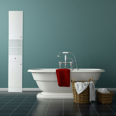 Mobile Bagno A Colonna Relaxdays, Bianco, 173.5x30.5x32 Cm – Con 2 Armadietti E Cassetto
