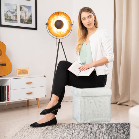 Relaxdays Pouf Contenitore Pieghevole, Puff Imbottito & Rivestito in Pelle  Finta, 40 L, Sgabello Poggiapiedi, Bianco