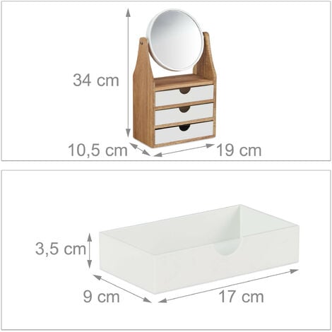 Relaxdays Organizer per Trucchi, 3 Tiretti, per Tavolo da Trucco, Specchio  Ingranditore, 34x19x10,5 cm, Naturale/Bianco