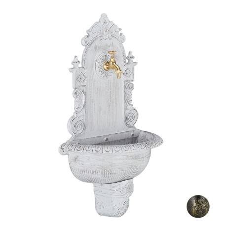 Relaxdays Fontana da parete XL antica con rubinetto, lavabo da giardino in alluminio, HxLxP 75x44x22 cm, bianca