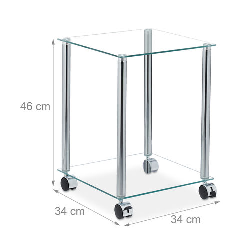 Relaxdays Tavolino con Ruote, 2 Ripiani, Quadrato, per Salotto, Vetro e  Acciaio, Tavolo da Divano, Trasparente Argentato