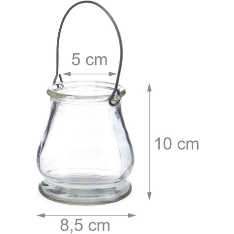 Relaxdays Vasetti Portacandele in Vetro, Set da 12, Vasi Rotondi con Manici, Interni ed Esterni, H: 10 cm, Trasparente