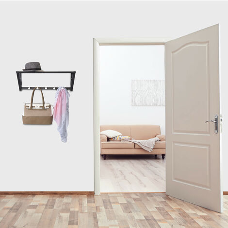 Relaxdays Attaccapanni Da Muro Con Mensola E 5 Ganci – Nero, Per Corridoio E Bagno (23x65x25 Cm)