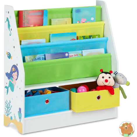 Relaxdays Porta Giochi Bambini, con Motivi Marini, 2 Scatole, 3 Scomparti, Scaffale Libreria, HLP 74x71x23 cm, Colorato