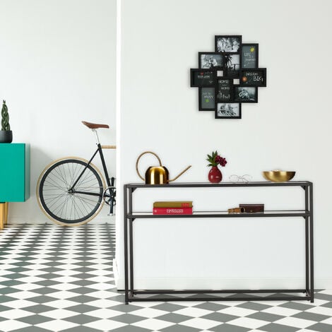Relaxdays Tavolo Consolle, 2 Ripiani, Mobile Stretto da Ingresso Corridoio e Salotto, Metallo e Vetro 70x110x30 cm, Nero