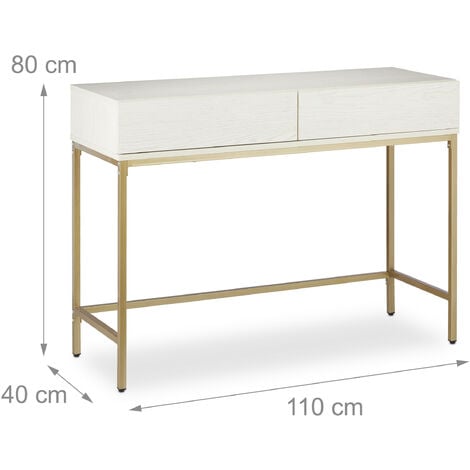 Relaxdays Tavolo Consolle, 2 Cassetti, Mobile Stretto Corridoio e  Soggiorno, Effetto Legno, HLP 80x110x40 cm, Bianco/Oro