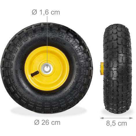 Relaxdays 2x Ruote per Carrello 4.1/3.5-4, Gomme di Scorta Carriola, Asse  16 mm, fino 136 kg, 260 x 85 mm, nero-giallo