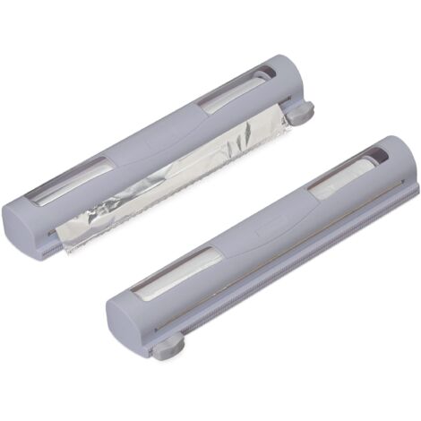 Relaxdays Taglia Pellicola da Cucina, Set da 2 Porta Rotoli di Plastica & Alluminio, Dispenser con Taglierina, Grigio