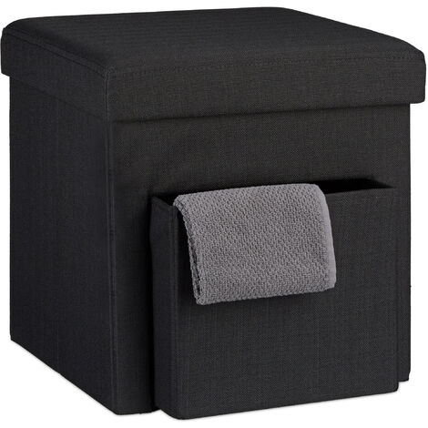 Relaxdays Pouf Pieghevole con Contenitore Estraibile, Coperchio Rimovibile,  HLP: 38x38x38 cm in Lino, Nero