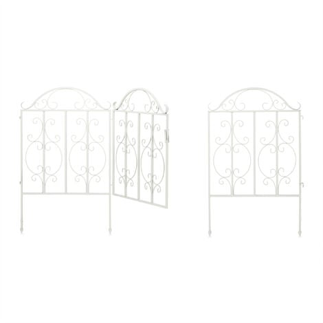 Relaxdays Cancello da Giardino, 3 Parti, Porta e 2 Segmenti di Recinzione, Look Vintage, Cerniere, HL98,5x185 cm, Bianco