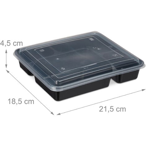 Relaxdays Meal Prep, Set da 10 Lunch Box, 4 Scomparti, 1000 ml, Microonde,  Plastica, Coperchio, 4,5x21,5x18x5 cm, Nero