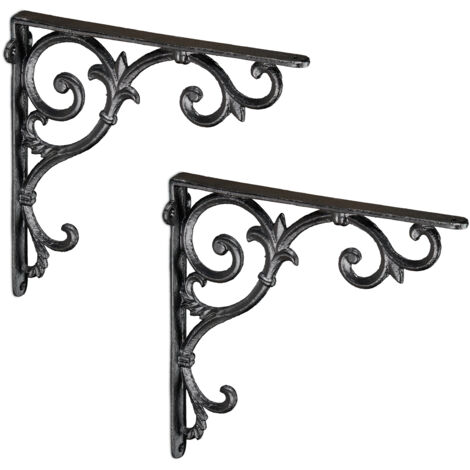 4x Staffe per Mensole, Supporti dal Design Barocco, Reggimensola Angolari per Scaffali, Stile Vintage, Nero