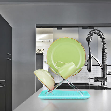Relaxdays Scolapiatti da Appoggio Lavello, Scola Piatti, Tazze, Vaschetta  Raccogli Acqua, Gocciolatoio per Cucina, Blu