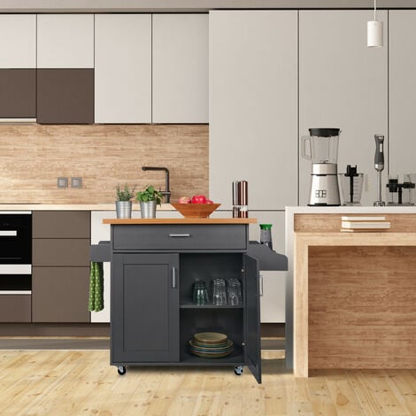 Relaxdays Carrello da Cucina con Cassetti, Piano di Lavoro, 2 Scomparti, Porta Spezie & Asciugamani, Grigio/Naturale