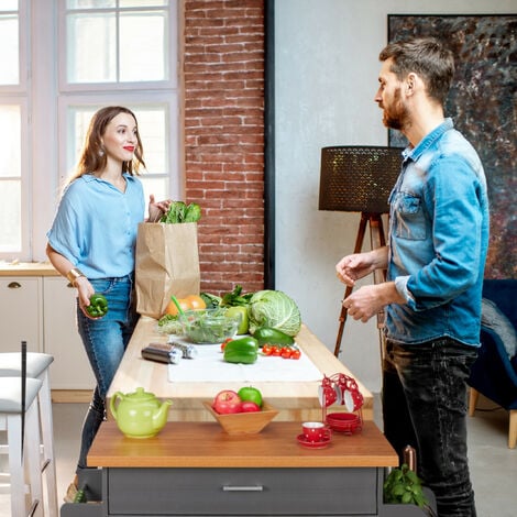 Relaxdays Carrello da Cucina con Cassetti, Piano di Lavoro, 2 Scomparti, Porta Spezie & Asciugamani, Grigio/Naturale